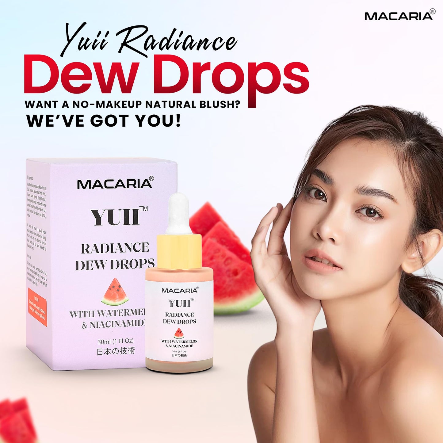 Yuii Niacinamide Serum Dew Drops - Face Moisturizer with Watermelon Fruit Extract - Glow Drops for Skincare and Makeup - Hydrating Formula for Radiant Skin - Pink Finish for Women & Girls MACARIABuy Supplements Australia