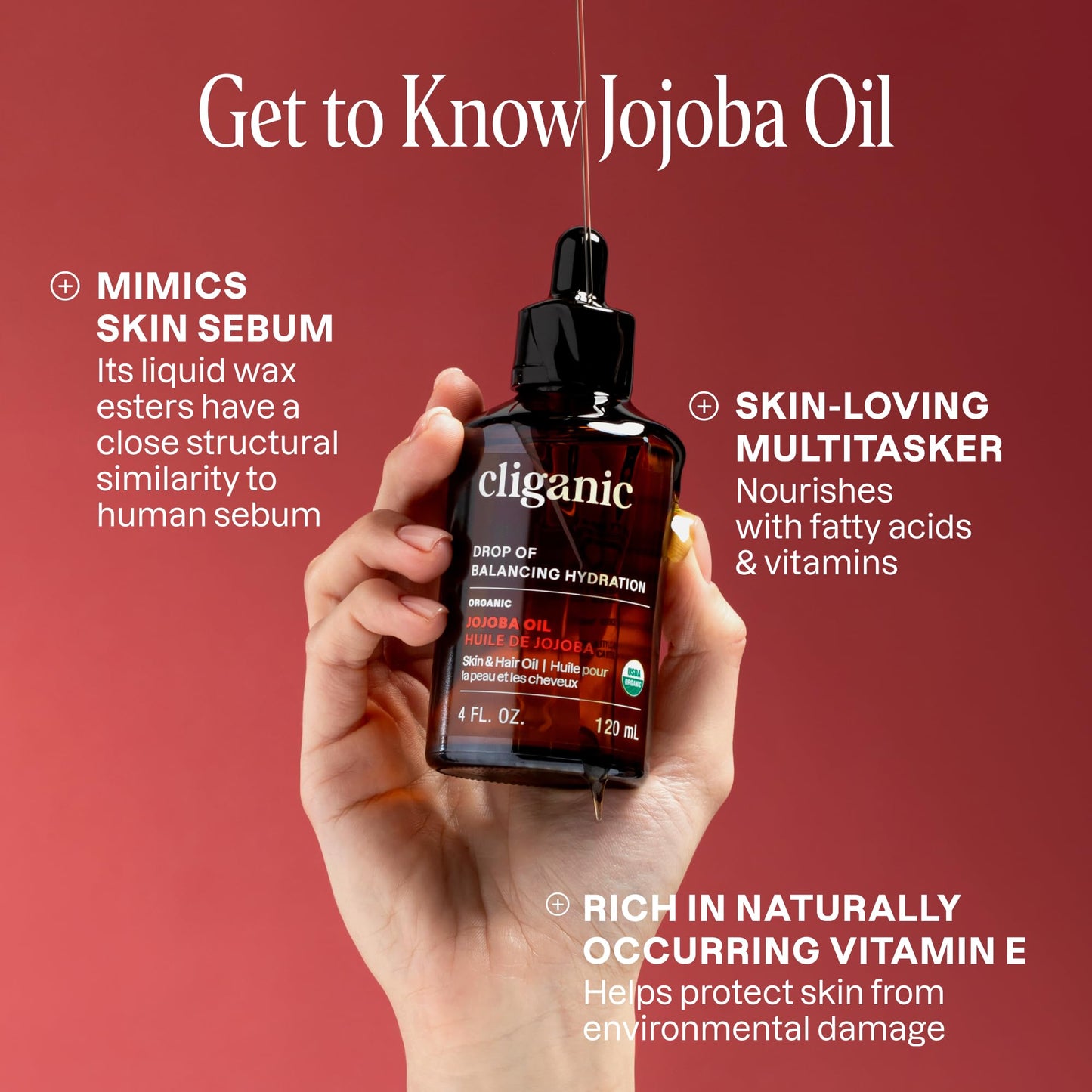 Cliganic Organic Jojoba Oil, 100% Pure (4oz) | Moisturizing for Face, Hair, Skin & Nails
