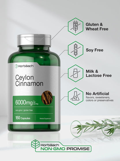 Horbäach Ceylon Cinnamon Supplement | 150 Capsules | Herbal Extract Pills | Non-GMO & Gluten Free
