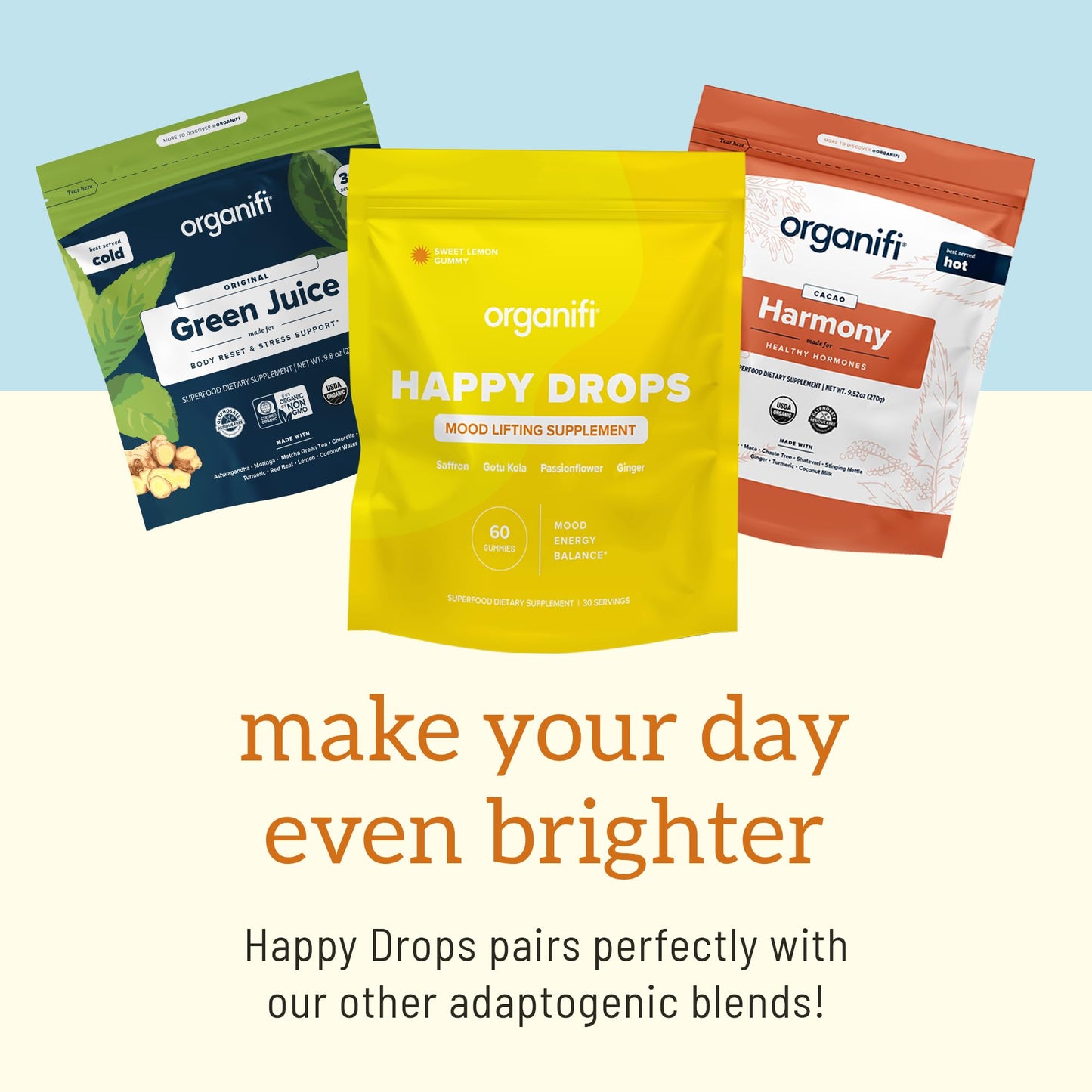 Organifi Happy Drops - Daily Superfood Happy Gummies for Adults - Mood Support Supplement for Balance, Bliss, Energy and Taking the Edge Off - Sweet Lemon Flavor - 60 Gummies OrganifiBuy Supplements Australia