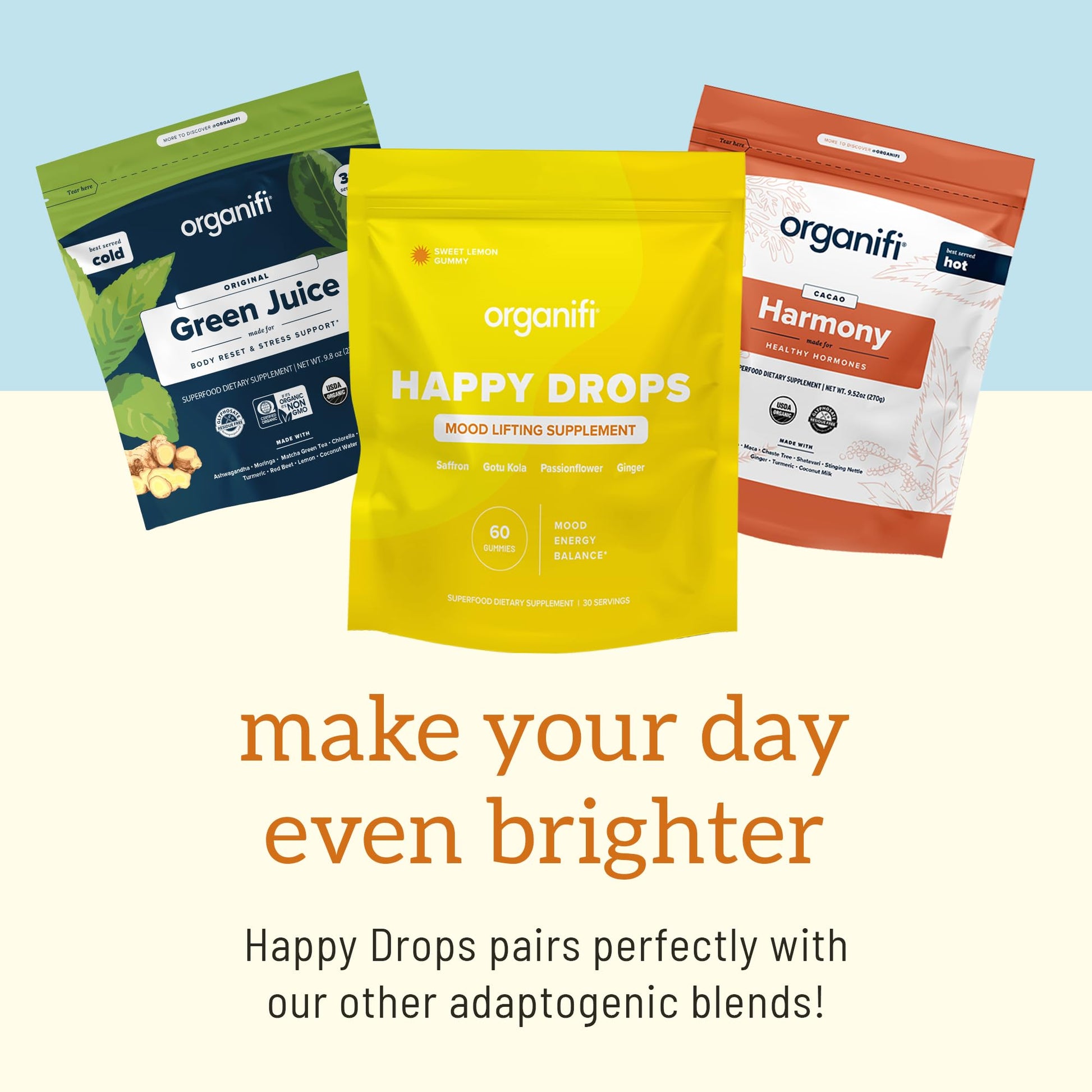 Organifi Happy Drops - Daily Superfood Happy Gummies for Adults - Mood Support Supplement for Balance, Bliss, Energy and Taking the Edge Off - Sweet Lemon Flavor - 60 Gummies OrganifiBuy Supplements Australia