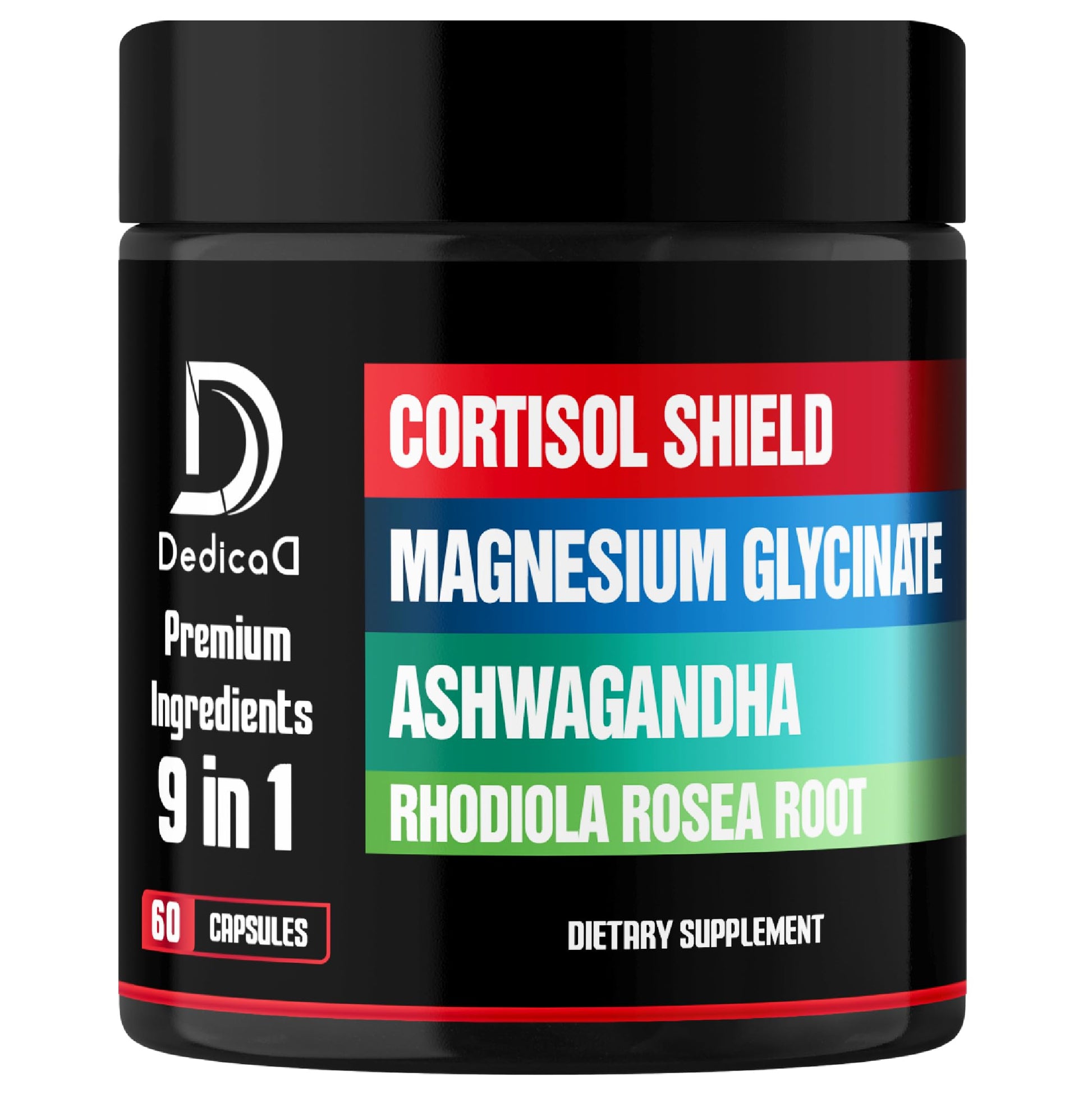 Supplement container labeled 'Cortisol Shield' with ingredients listed on a white background
