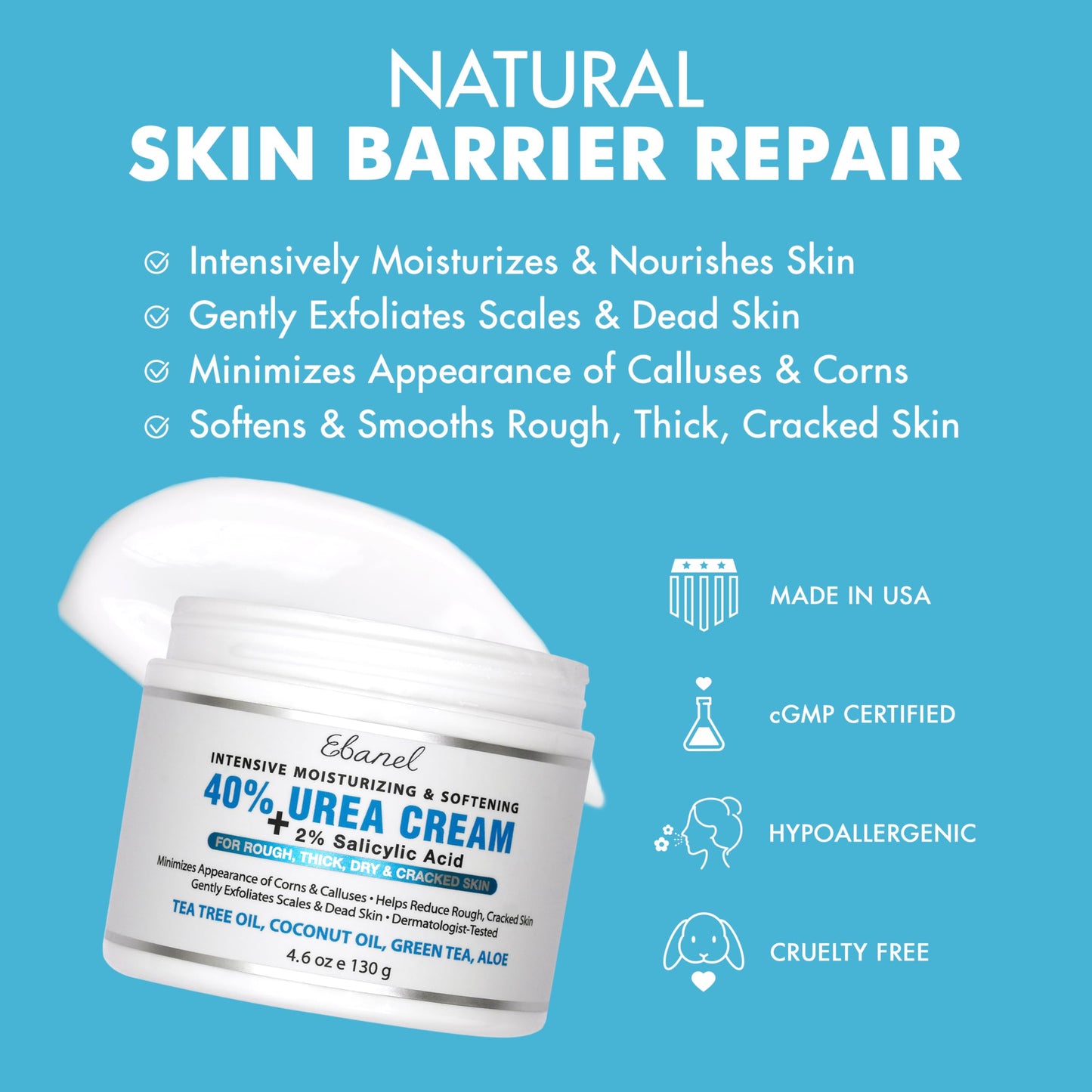 Ebanel Urea Cream 40% plus Salicylic Acid 2%, Foot Cream for Dry Cracked Heels Feet Knees Elbows Hands, Foot Dead Skin Cuticle Callus Remover Toenail Softener, Keratolytic Skin Barrier Repair
