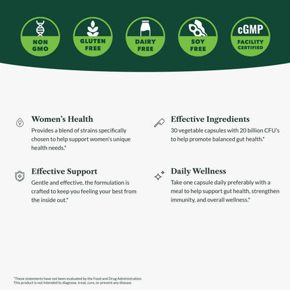 Greens First Women’s Health Probiotics - Probiotic for pH Balance - 20 Billion CFU - Support for Digestive, Immune & Vaginal Health Non-GMO/Gluten-Free/Dairy-Free/Soy-Free (30 Vegetable Capsules) Greens First buy supplements Au
