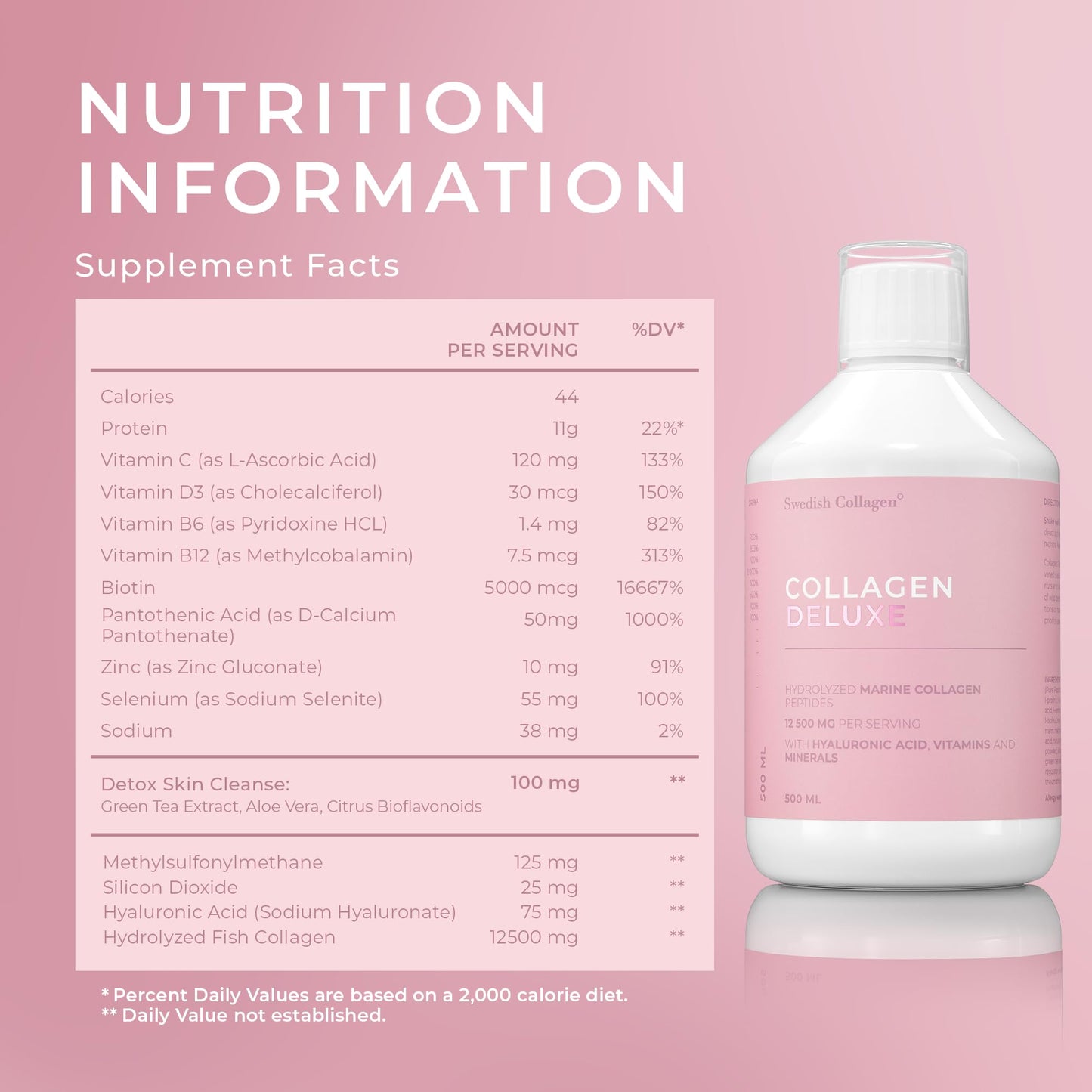 Swedish Collagen Deluxe 12,500 mg Hydrolyzed Marine Collagen Liquid Supplement - 20 Day Supply, 500 ml, Type 1 & 3 | Peptides & Vitamins for Hair, Skin, Nails, Joints | Clinically Tested | Sugar Free Swedish Collagen buy supplements Au