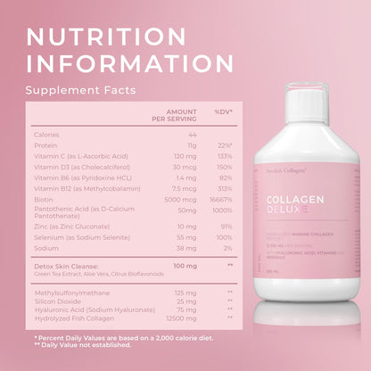 Swedish Collagen Deluxe 12,500 mg Hydrolyzed Marine Collagen Liquid Supplement - 20 Day Supply, 500 ml, Type 1 & 3 | Peptides & Vitamins for Hair, Skin, Nails, Joints | Clinically Tested | Sugar Free Swedish Collagen buy supplements Au