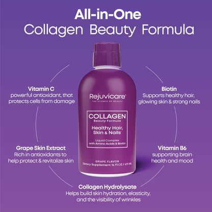 Rejuvicare Liquid Collagen Beauty Formula with Amino Acids, Protein and Biotin, Delicious Grape Flavor, Purple 16 oz ,32 servings