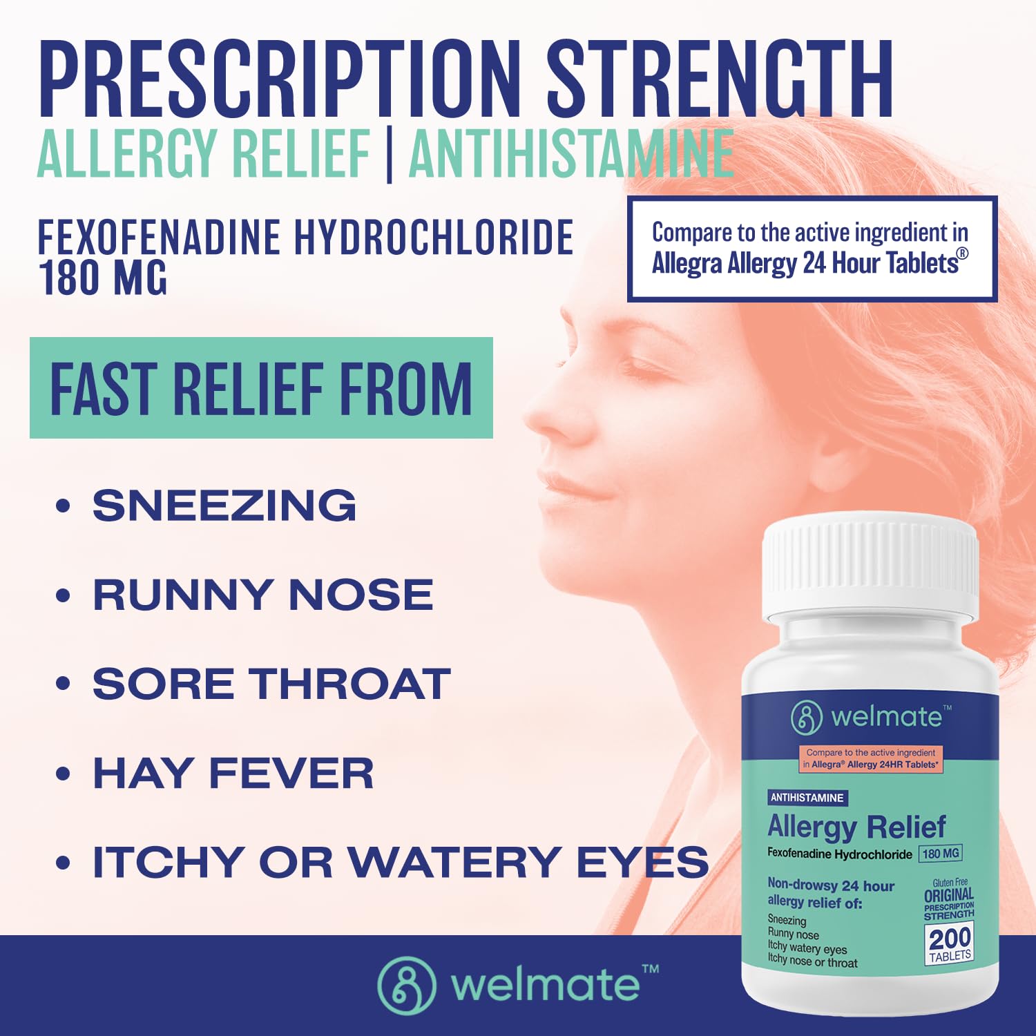 WELMATE | Allergy Relief | Fexofenadine HCl 180 mg | 24 Hour Non-Drowsy Antihistamine | Sneezing | Runny Nose | Itchy Eyes, Nose & Throat | Indoor & Outdoor Allergy Relief Tablets | 200 Count WELMATE buy supplements Au