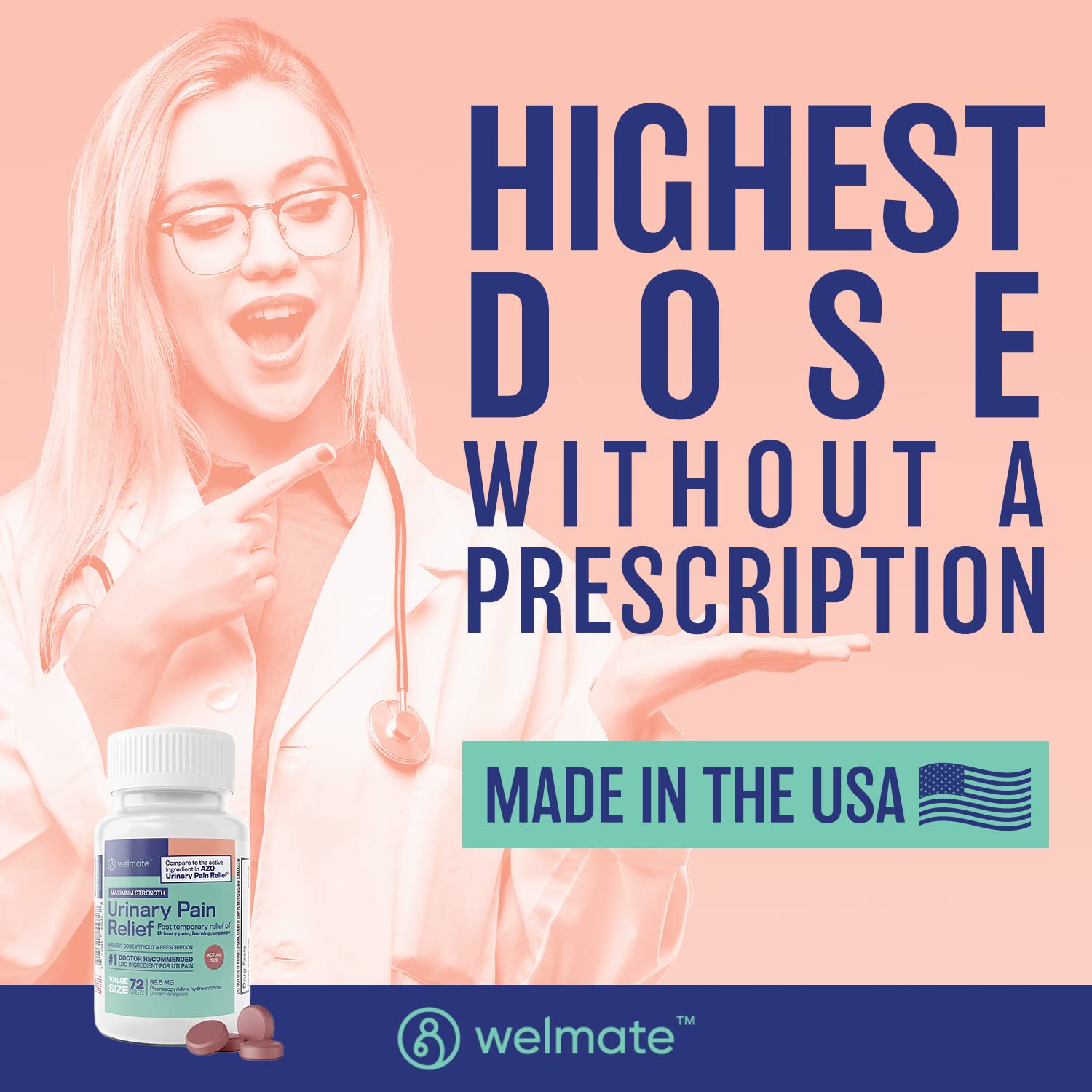 WELMATE Urinary Pain UTI Relief Maximum Strength (Phenazopyridine HCL) - Improve Urinary Tract Health & Bladder Control, Urgency, & Discomfort | Over-The-Counter Medication for Men & Women (72 Pills) WELMATE buy supplements Au