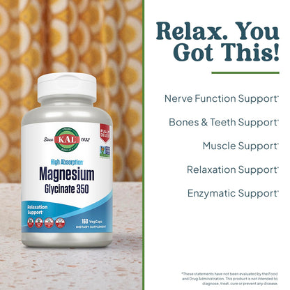 KAL Magnesium Glycinate Capsules, Fully Chelated Magnesium Bisglycinate, High Absorption Magnesium Supplement, Healthy Bones, Muscle, Relaxation and Stress Support, Non-GMO 160 count KALBuy Supplements Australia
