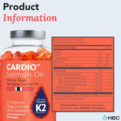 Cardio Omega 3 Fish Oil & Vitamin K2-1000mg, Norwegian Salmon Oil with EPA, DHA, DPA & Astaxanthin, No Fishy Aftertaste, Fatty Acids Supplement - 90 Capsules Hofseth BioCare buy supplements Au