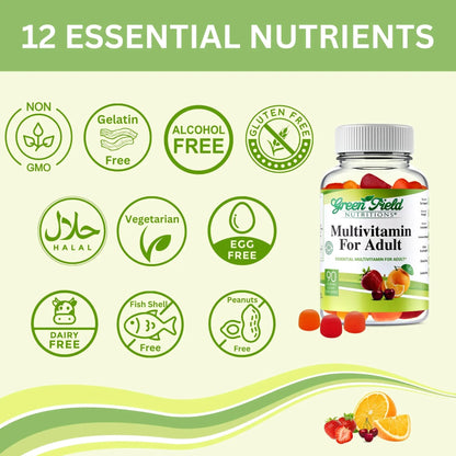 Greenfield Nutritions Halal Multivitamins for Adults | 90 Halal Vitamins for Women & Men | All Essential Gelatin Free Halal Gummy Vitamin, Mineral GREEN FIELD NUTRITIONS