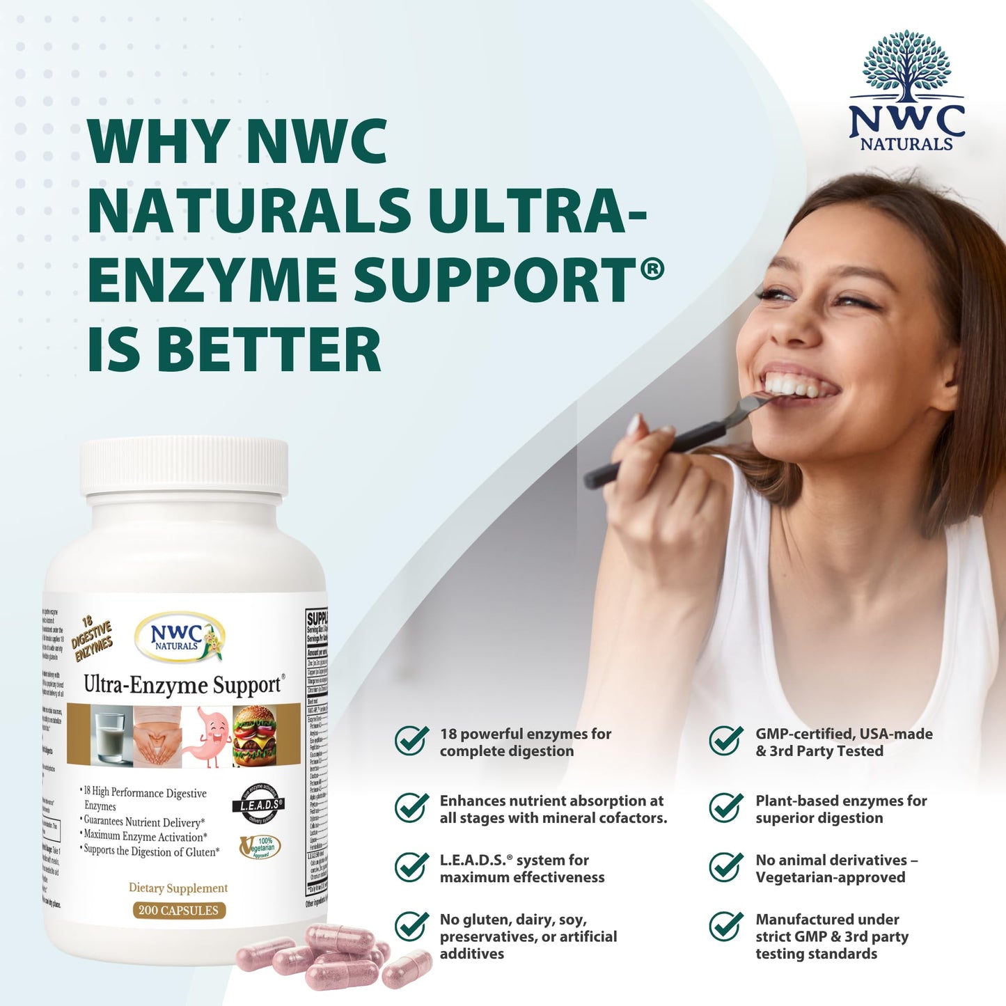 NWC Naturals Ultra-Enzyme Support, Natural Digestive Supplement, Promotes Optimal Health and Digestion, 200 count Capsules