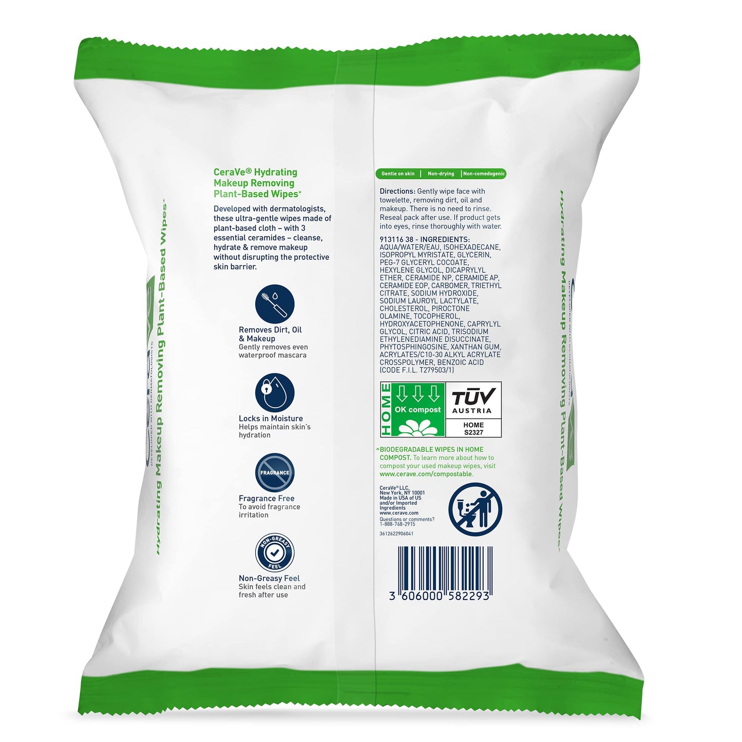 CeraVe Makeup Remover Wipes, Plant Based Face Wipes, Biodegradable in Compost, Waterless Face Wash, Travel Essentials for Women