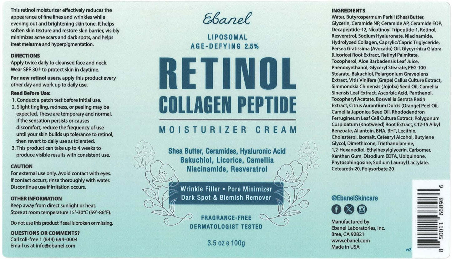 Ebanel Retinol Cream for Face 3.5 oz, Moisturizer with Collagen, Peptides, Ceramides, Hyaluronic Acid, Vitamin C & B5, Firming Anti Aging Face Cream for Wrinkles, Fine Lines, Dark Spots, Day & Night