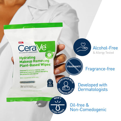 CeraVe Makeup Remover Wipes, Plant Based Face Wipes, Biodegradable in Compost, Waterless Face Wash, Travel Essentials for Women