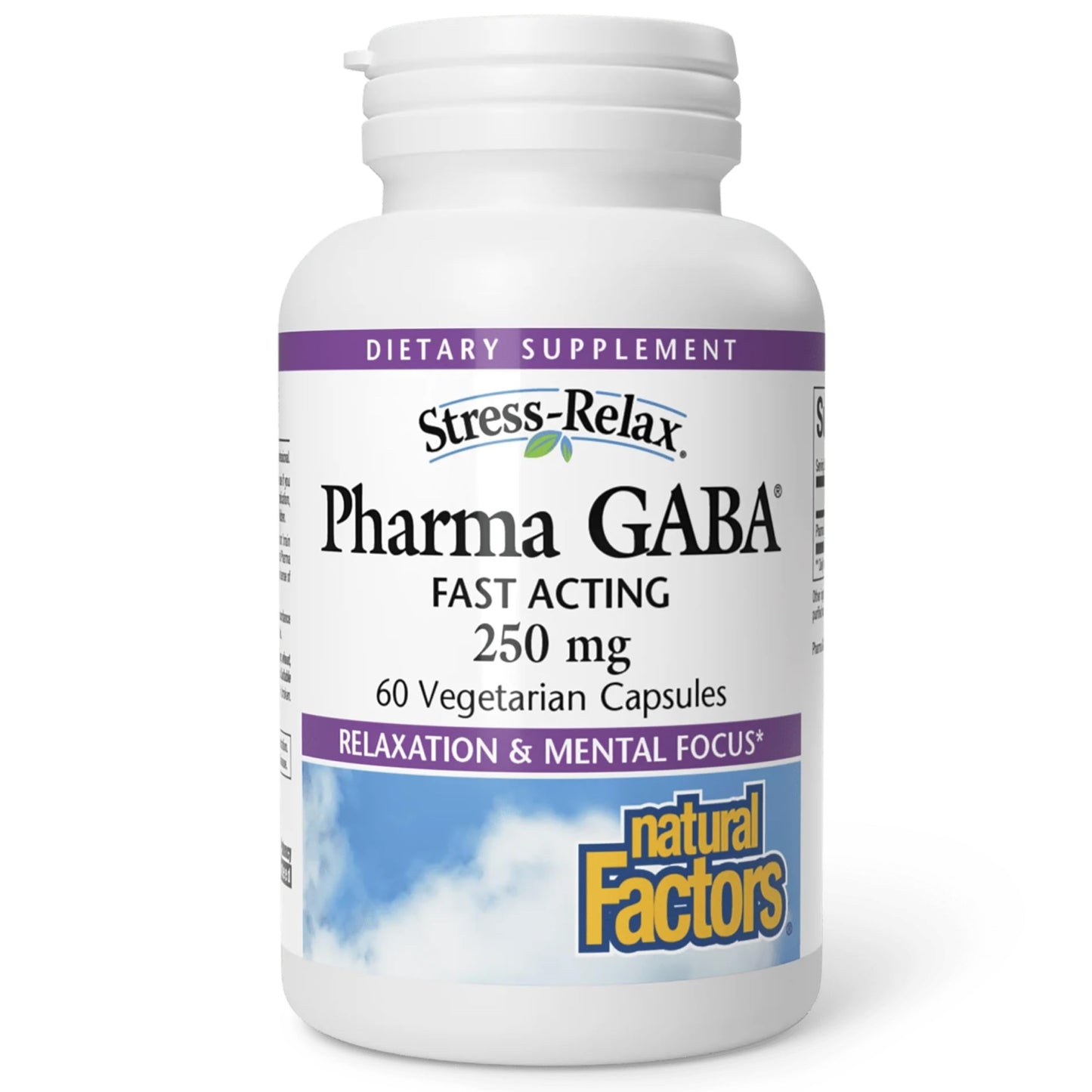 Bottle of Pharma GABA dietary supplement with 'Stress-Relax' label on a white background