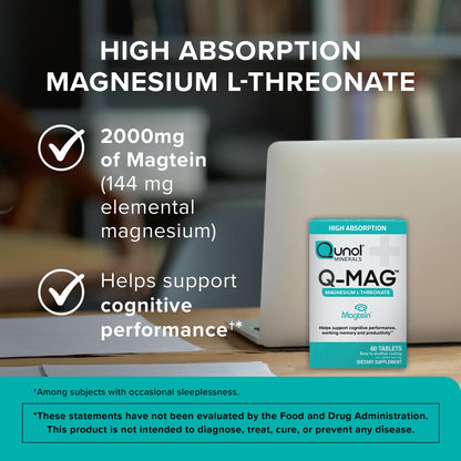 Qunol Q-Mag Magnesium L-Threonate Tablets, 2000mg of Magtein to Help Support Cognitive Performance, Improve Mental Alertness & Productivity, Supports Restful Sleep, High Absorption, 60 Count QunolBuy Supplements Australia