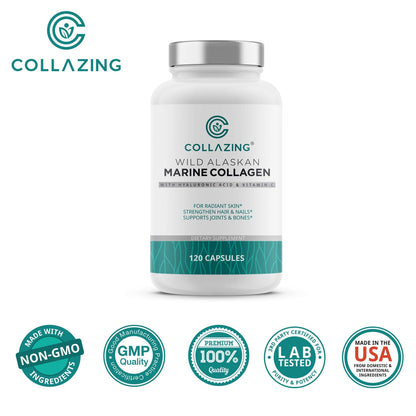 C COLLAZING - Alaskan Wild-Caught Marine Collagen Peptides with Hyaluronic Acid & Vitamin C - Supports Skin, Hair, Nails, Joints & Bones - Type 1 & 3 Collagen