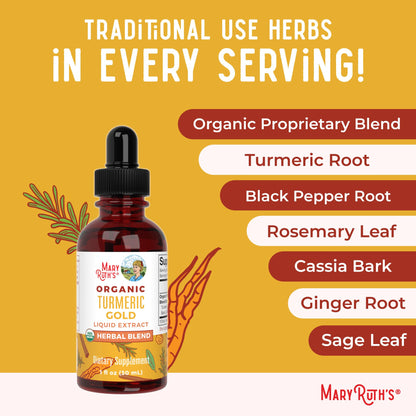 MARYRUTH'S Organics USDA Turmeric Gold Liquid Drops | Herbal Blend | Turmeric Curcumin | Black Pepper | Cassia Cinnamon Bark | Ginger Root | Immune Support