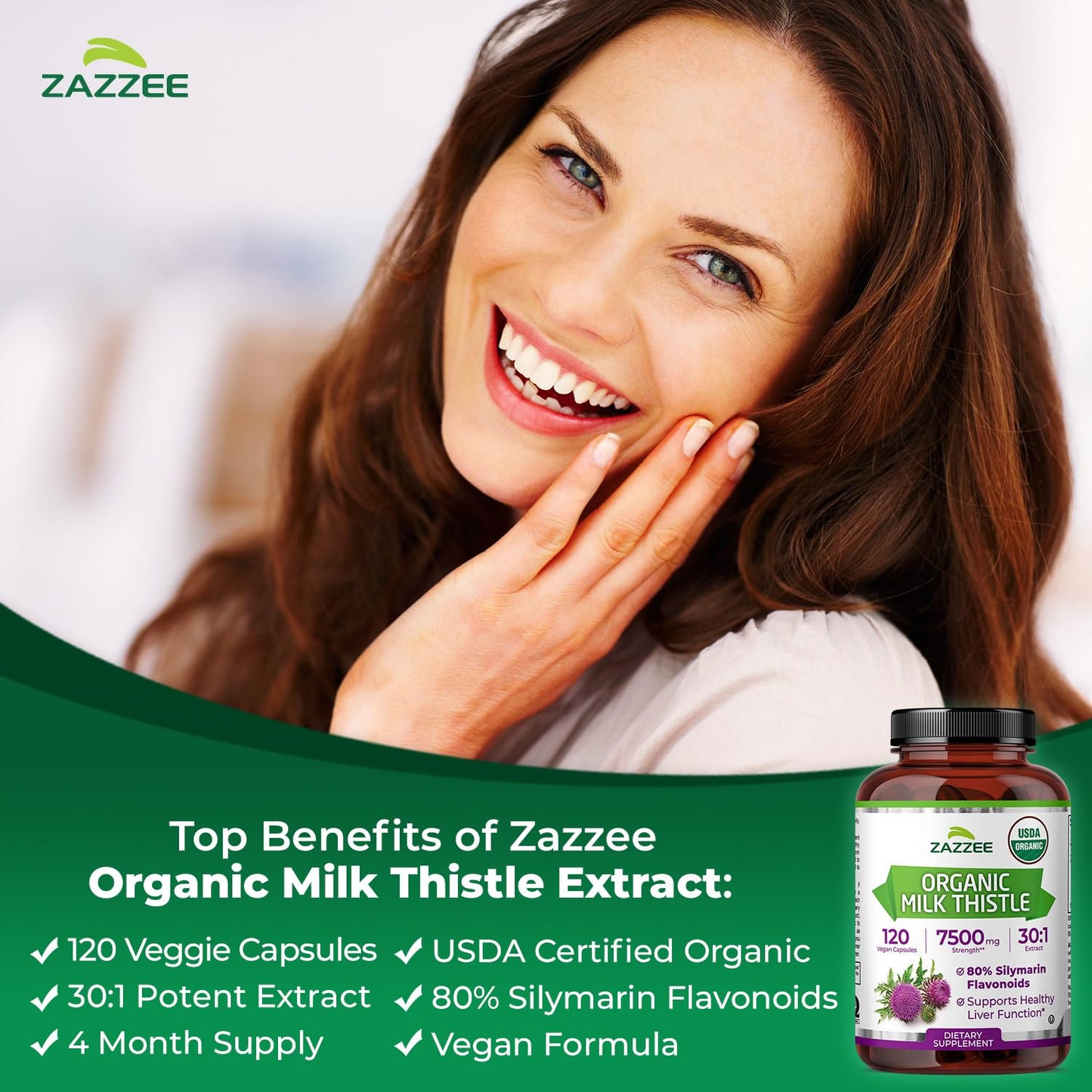 Zazzee USDA Organic Milk Thistle 30:1 Extract, 80% Silymarin, 120 Vegan Capsules, 4 Month Supply, Certified Kosher, High Potency Liver & Antioxidant Support
