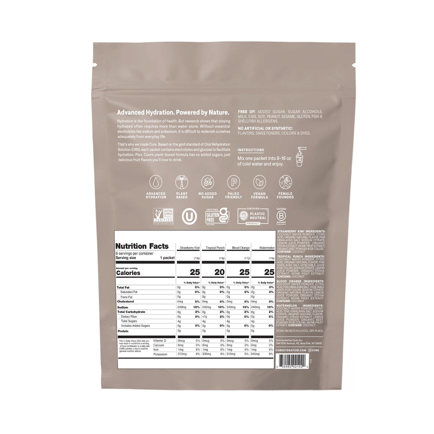 Cure Hydration | Plant-Based Electrolyte Drink Mix | No Added Sugar | FSA-HSA | Dehydration Relief Powder Made with Coconut Water | Non-GMO | Vegan