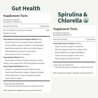 Snap Supplements Gut Health Lipase Supplement & Organic Spirulina Chlorella Bundle–Probiotic + Greens–Supports Digestion, Detox, Energy & Immune Health, 50