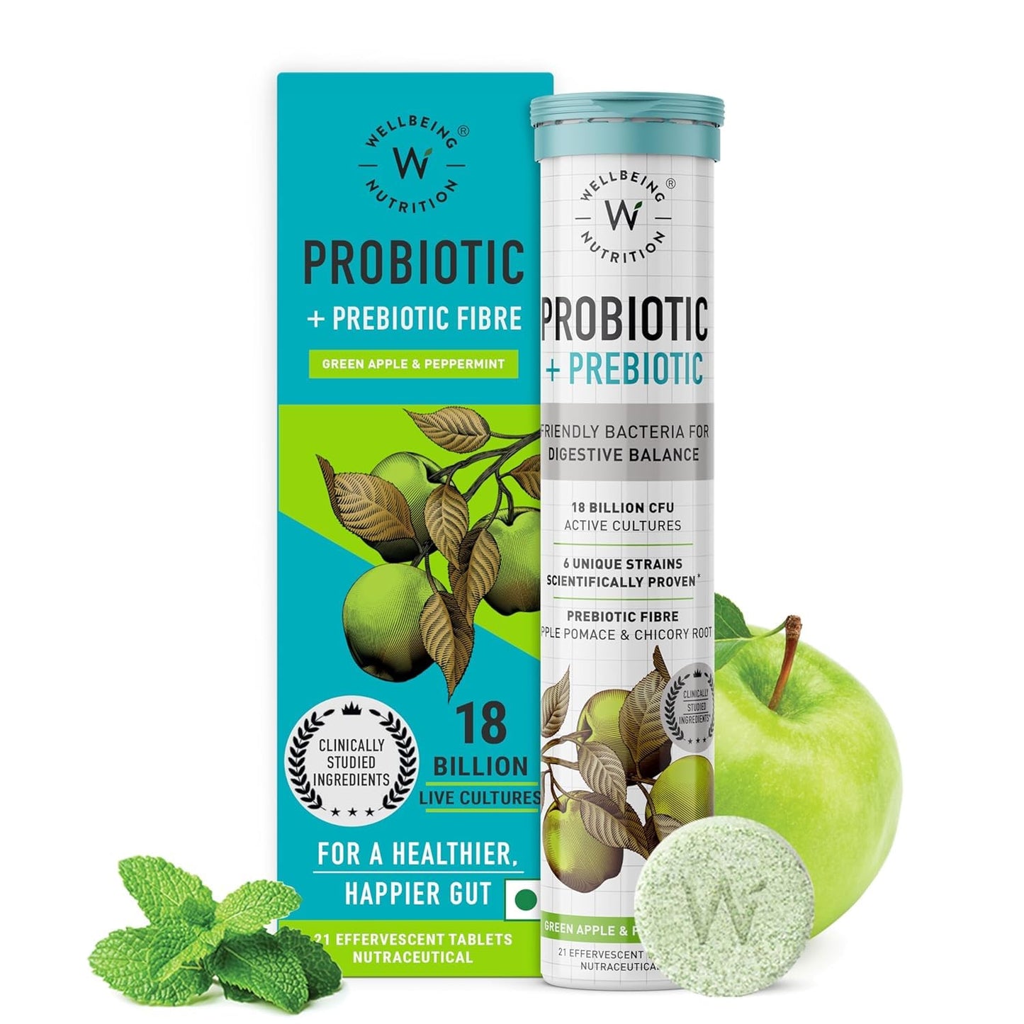 Wellbeing Nutrition Daily Probiotics + Prebiotics | Improve Metabolism, Acidity Relief, Digestion & Gut Health | 18 Billion CFU Organic Probiotics Supplement