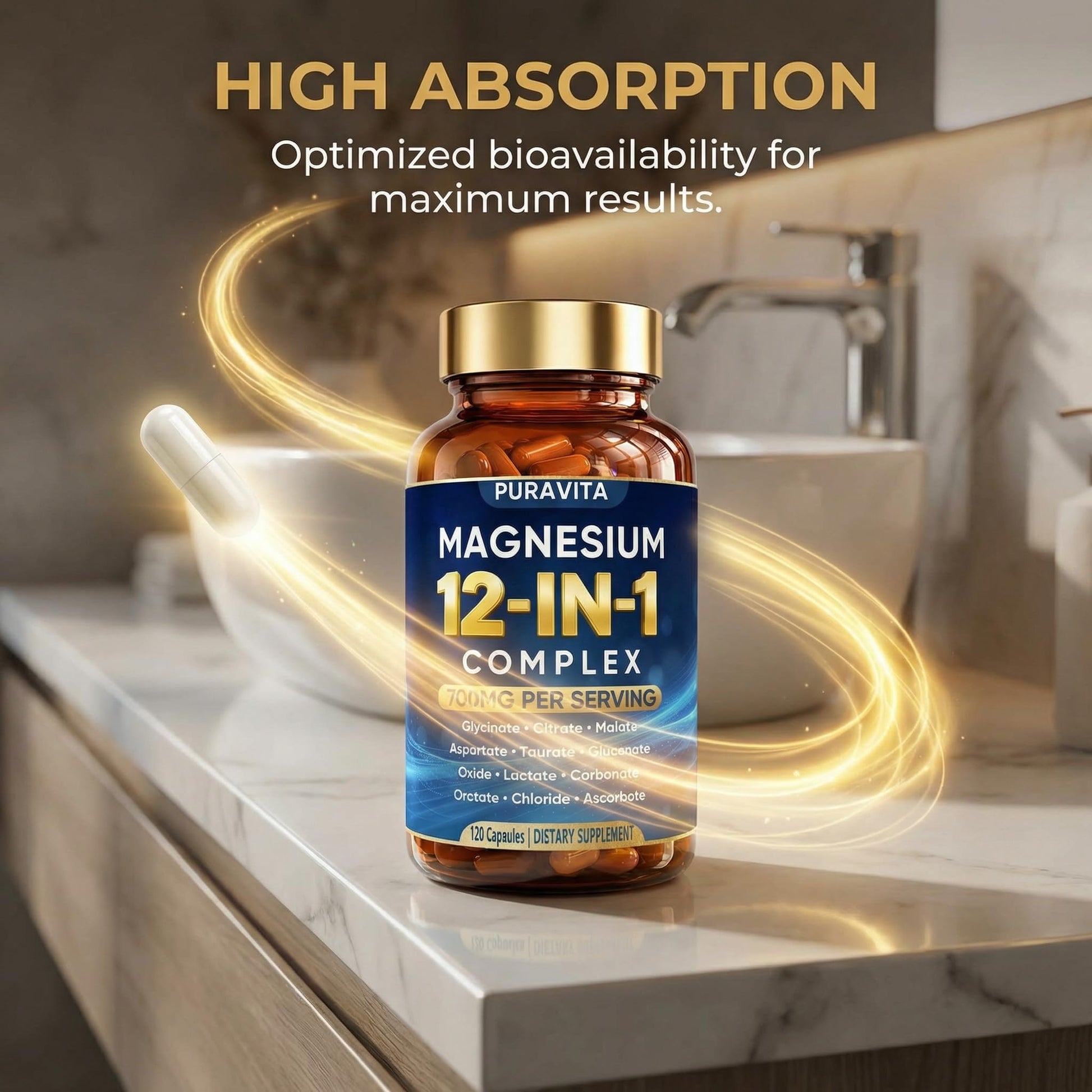 Puravita 12 in 1 Magnesium Complex Capsules - 700mg High Absorption Blend with Glycinate, Citrate, Malate, Oxide & Taurate. Supports Muscle Function, Nerve Health & Relaxation - 120 Capsules (1) PURAVITA buy supplements Au