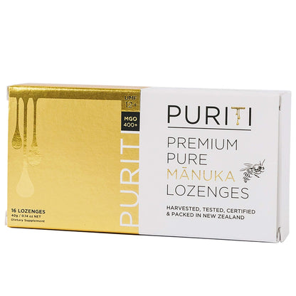 PURITI Premium Manuka Honey Lozenges High Potency - Sugar Free Drops | Genuine New Zealand Raw Manuka Honey Soothers for Coughs & Sore Throats | UMF Certified MGO 400+ UMF12+ (16 Pack)