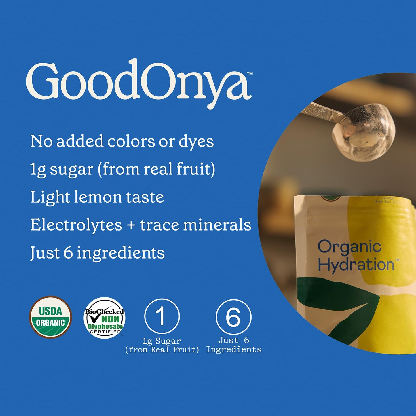 GOODONYA Organic Hydration Electrolyte Drink Mix, Certified Organic Hydration Powder, Non-GMO, Biochecked Glyphosate Free, Low Sugar, Lemonade Flavor,