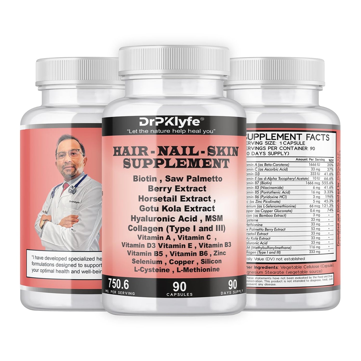 DrPKLyfe Hair, Nail and Skin Supplement Capsules:Biotin, Collagen, Collagen Peptides, Acid Hyaluronic, Biotin, Vitamin A, C, B5, B6 Saw Palmetto & More - 90 Capsules. DrPKLyfeBuy Supplements Australia