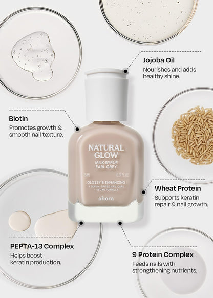 ohora Natural Glow Milk Syrup Nail Strengthener (Earl Grey) - Tinted Nail Hardener for Brittle, Damaged Nails, Quick-Dry Glossy Finish, Nail Repair & Growth, 15 mL