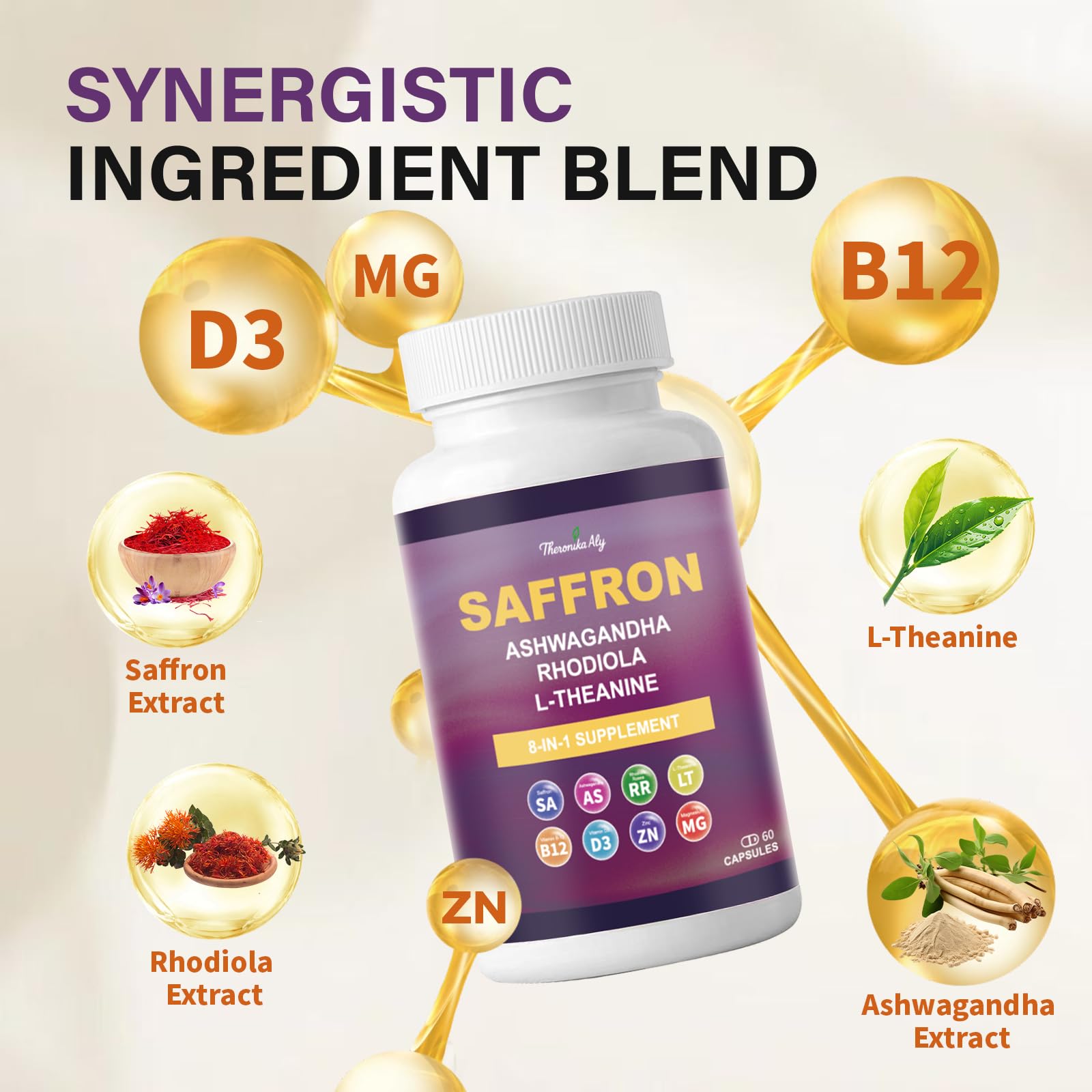 Theronika Aly Saffron Supplements – Blend with Ashwagandha, Safron, Rhodiola, Magnesium, L-Theanine, Zinc & B12, 88.5 mg Pure Saffron Extract Capsules Mood, Energy, Vision & Focus – 60 Vegan Capsules Theronika Aly buy supplements Au