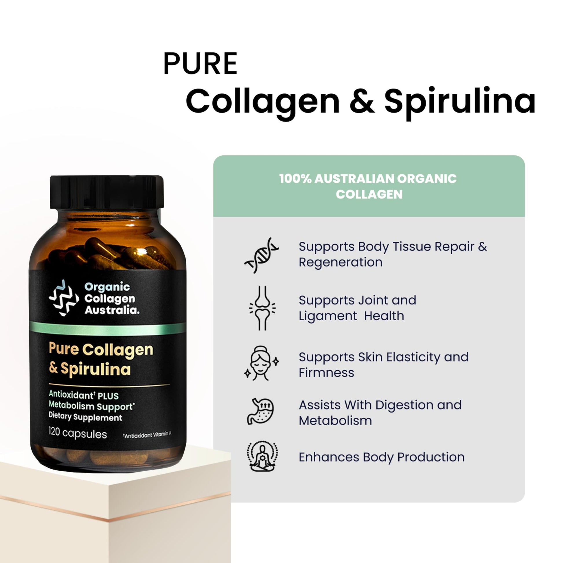 Organic Collagen Australia Pure Collagen & Spirulina Capsules – Antioxidant-Rich Supplement for Skin Elasticity, Joint Health, Metabolism Support & Energy (120 Capsules) Organic Collagen Australia buy supplements Au