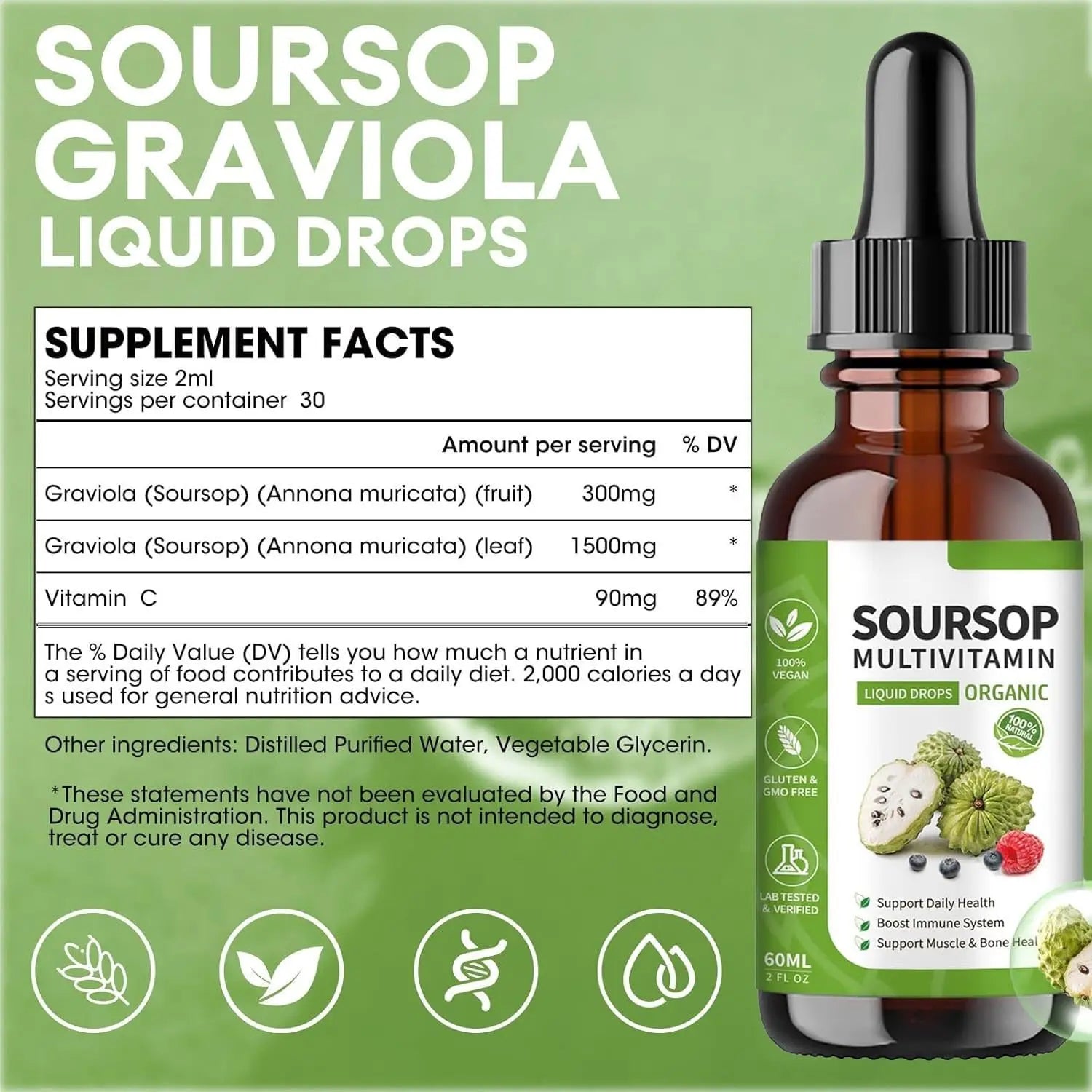 Soursop Bitters Liquid 2 Fl Oz, Soursop Graviola Leaf Extract Liquid Drop, Soursop Multivitamin Liquid Drops Organic for Cell Support, Immune System, Relax bogomo