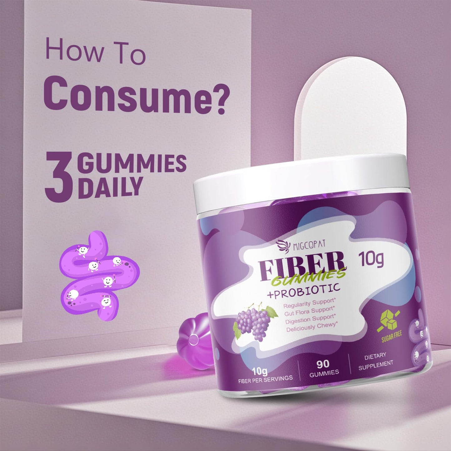 Migcopat 10G Fiber Gummies with 30 Billion CFU Probiotics, Grape Flavor, Bloating Support, Fiber Supplement with Vitamin C,