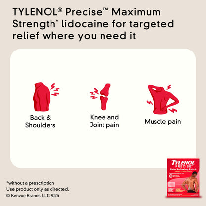 Tylenol Precise Pain Relieving Patches, Large Topical Analgesic Patches + Maximum OTC Strength Lidocaine Penetrates, Targeted Relief Ideal for Shoulder, Back & Knee Pain, Unscented, 4 ct TylenolBuy Supplements Australia