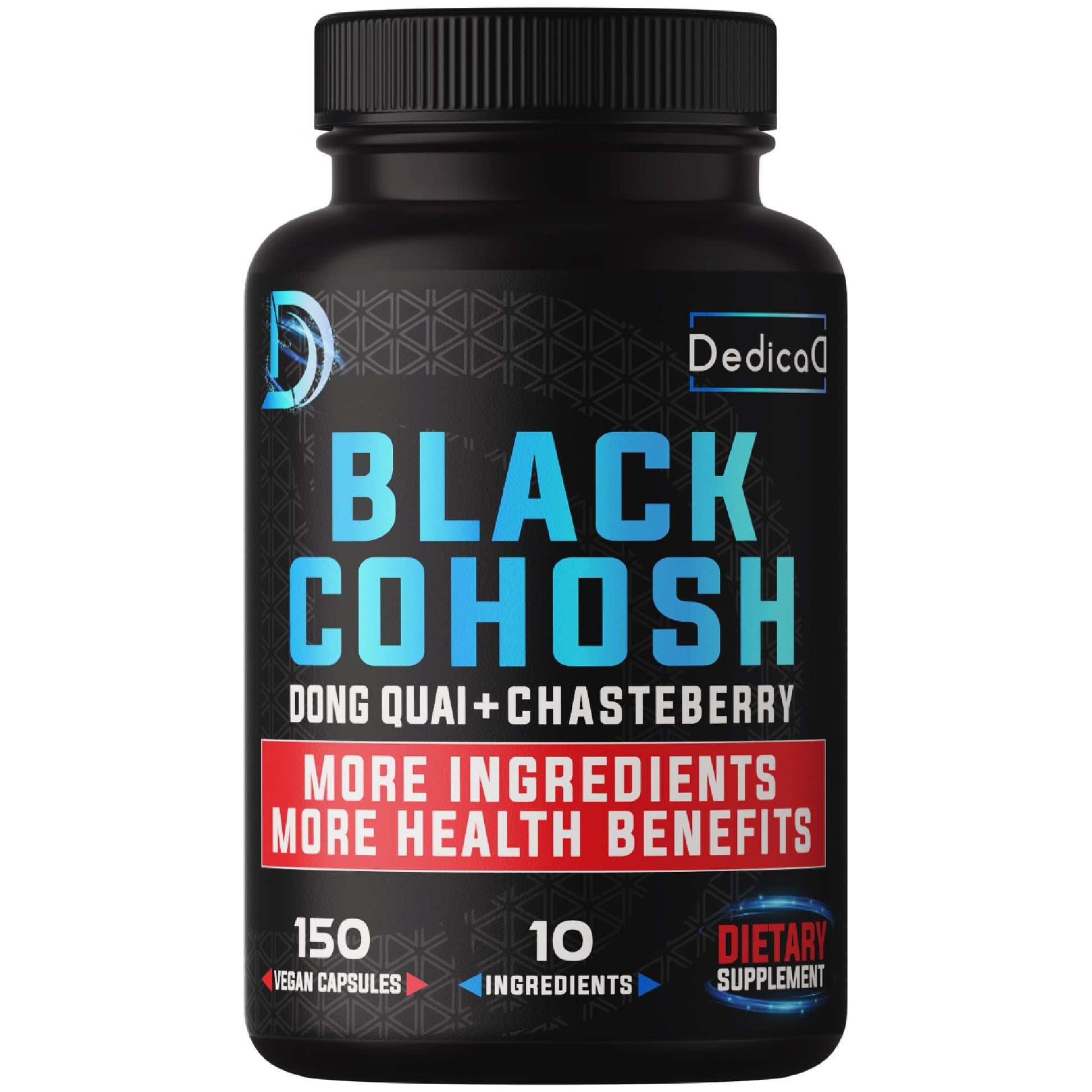 Black Cohosh dietary supplement bottle with Dedica branding on a white background