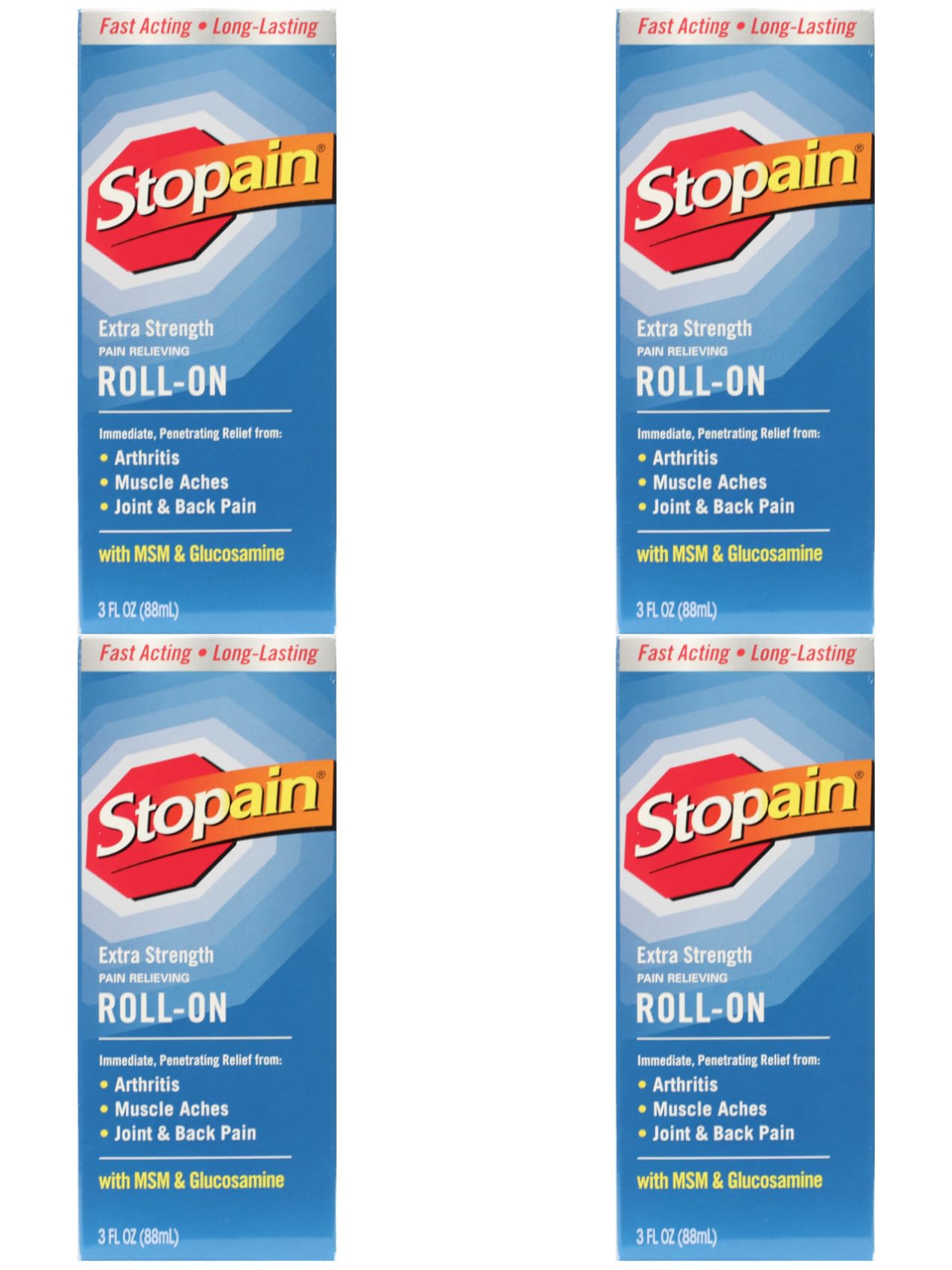 Stopain Pain Relief Roll On Gel 3oz (4 Pack) USA Made, Max Strength Fast Acting with MSM, Glucosamine, Menthol for Lower Back, Knee, Neck, HSA FSA Approved Topical Analgesic Products StopainBuy Supplements Australia