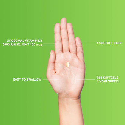 UpNourish Liposomal D3 K2 MK-7 – 365 Mini softgels with Organic Coconut Oil - 5000 IU 125 mcg Vitamin D3 and 100 mcg Vitamin k2