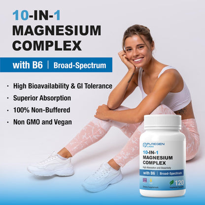 Puregen Labs 10 in 1 Magnesium Complex 500mg with B6-120 Veggie Capsules [High Absorption and Bioactivity] Non-GMO, NO Gluten and Dairy P Puregen Labs buy supplements Au