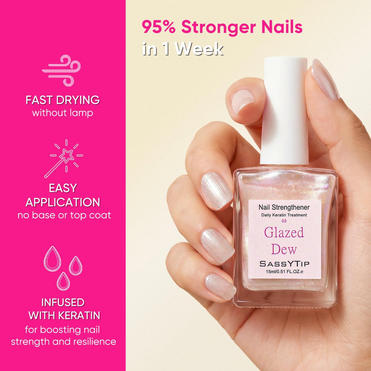 SASSYTIP Nail Strengthener for Damaged Nails - Keratin Nail Hardener & Growth Treatment, Nude Nail Polish Concealer with Jojoba Oil