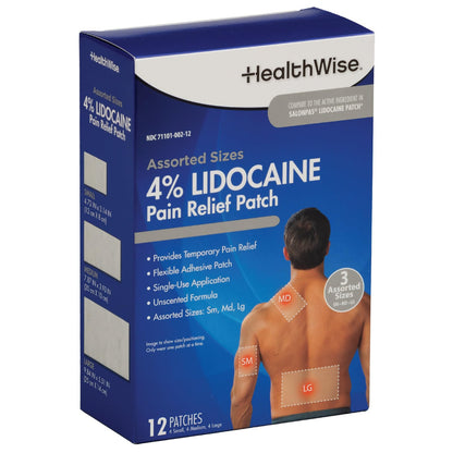 HealthWise Lidocaine Pain Patch | 4% OTC Lidocaine | 12-Count Assorted Sizes | Paraben-Free Formula | Temporarily Soothes Minor Aches and Pains | Unscented | Flexible Application HealthWiseBuy Supplements Australia