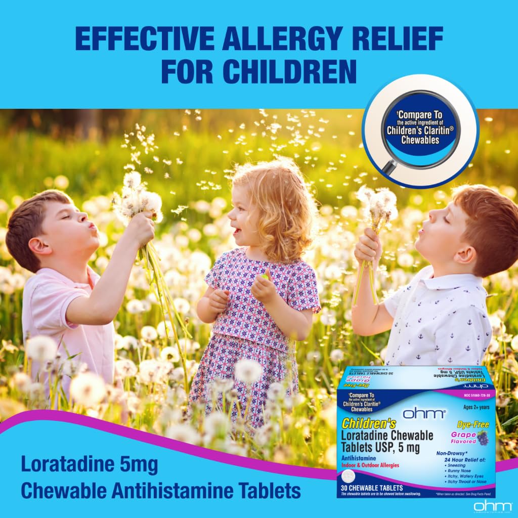 Ohm Children's Allergy Medicine, Loratadine 5mg, Chewable Tablets (30 Count) Grape Flavor, Non-Drowsy Antihistamine, 24-Hour Allergy Relief for Runny Nose, Watery Eyes, Itchy Throat & Nose Ohm buy supplements Au
