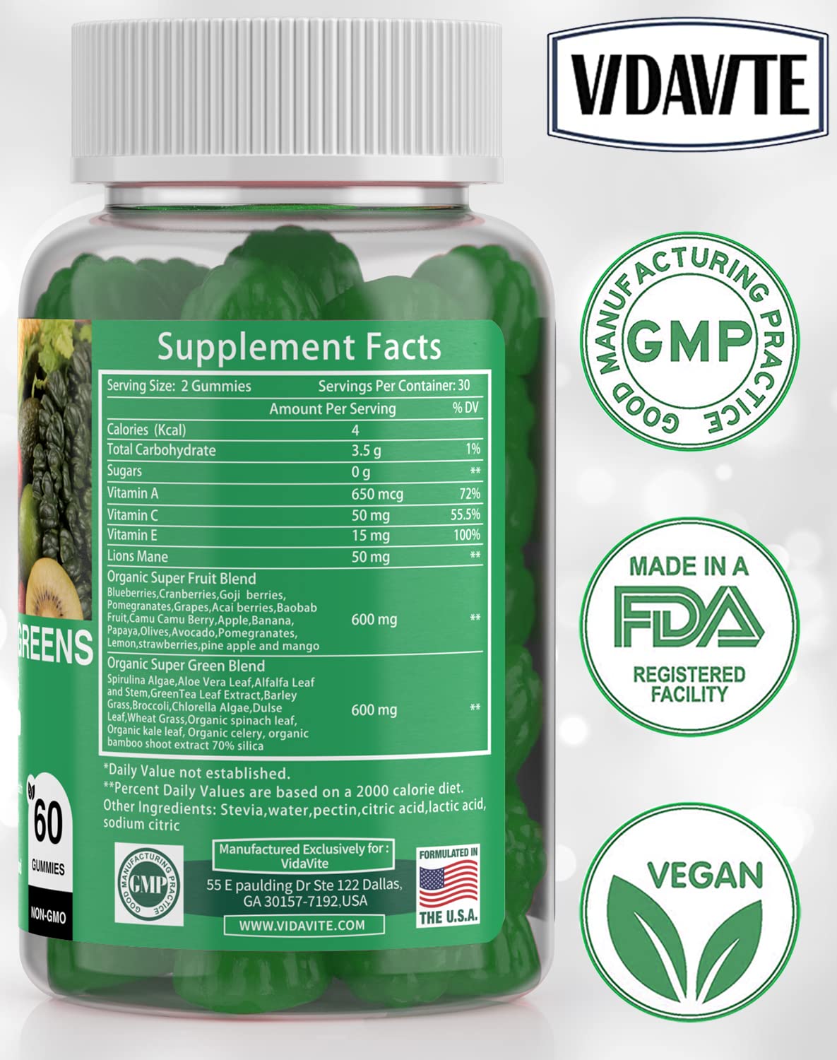 VIDAVITE Sugar-free Super Greens Gummies — US-Made, 35+ Fruit and Veggie gummies to Boost Immunity, Skin & Gut Health — Ideal Fruits and Vegetables Supplement for Adults & Picky Teens (30-Days Supply) VIDAVITEBuy Supplements Australia