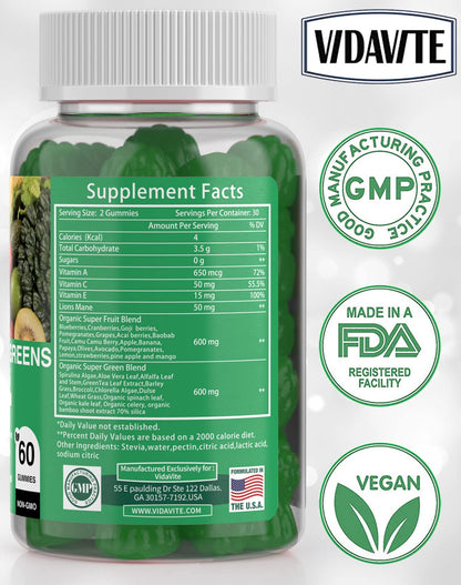 VIDAVITE Sugar-free Super Greens Gummies — US-Made, 35+ Fruit and Veggie gummies to Boost Immunity, Skin & Gut Health — Ideal Fruits and Vegetables Supplement for Adults & Picky Teens (30-Days Supply) VIDAVITEBuy Supplements Australia