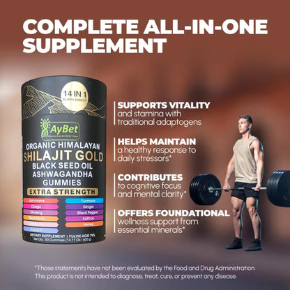 AyBet Organic Himalayan Shilajit Gold Gummies for Men and Women, Black Seed Oil, Ashwagandha, Ginseng, Turmeric, Gokshura, Lion's None, Lab Tested,%75 Fulvic Acid, No Sugar Added, Halal, 90Gummy AyBetBuy Supplements Australia
