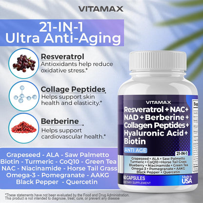 Resveratrol NAD+ Berberine Hyaluronic Acid - Biotin Grape & Blueberry + NAC - Collagen Peptides - Hair, Nail, Skin & Joint Supplement - 21-in-1 Women and Men