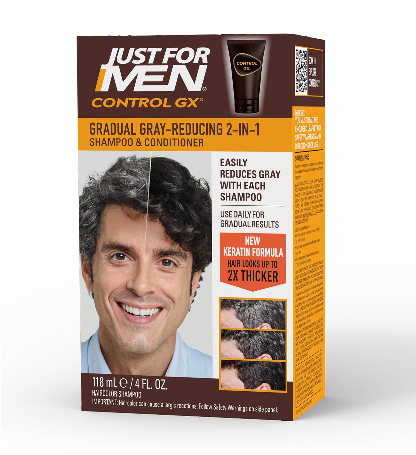Just for Men Control GX Grey Reducing 2-in-1 Shampoo and Conditioner, Gradual Hair Color with Keratin for Stronger Thicker
